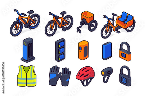 Electric Bike Essentials. Isometric vector illustration set electric bicycle: urban e-bike, electric gravel bike, electric trike,