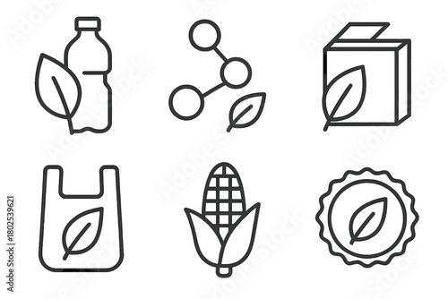 Biodegradable Plastics Icons. Line style icons of biodegradable plastics: leaf and plastic bottle, eco-friendly polymer, bio-based