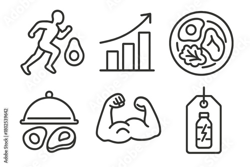 Keto Diet Icons. Line style icons of ketogenic diet: keto for athletes, performance chart icon, endurance fuel plate, post-workout