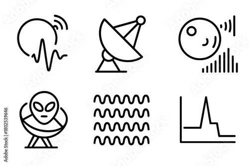 Exoplanet Signal Search. Line style icons of exoplanets: artificial signal search, radio telescope dish, narrowband signal, SETI