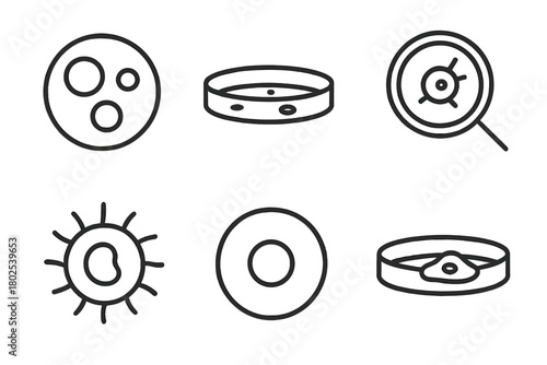 Stem Cell Icons. Line style icons of stem cell research: stem cell symbol, cell culture dish, microscopic cell icon, regenerative