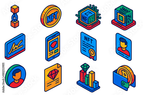 NFT Icon Set. Isometric vector illustration set NFT Basics: blockchain icon, NFT token symbol, pixel art image, minting process