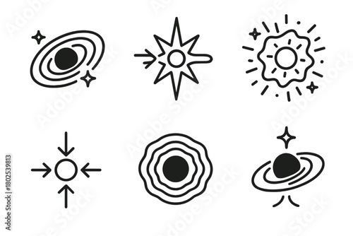 Black Hole Icons. Line style icons of black holes: stellar-mass black hole, collapsed star icon, supernova remnant, neutron core