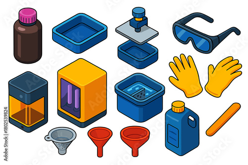 Resin 3D Printing Tools. Isometric vector illustration set Resin 3D Printing Tools: resin bottle, resin vat, build platform,