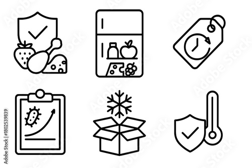 Nutrition Safety Icons. Line style icons of nutrition science: food safety and storage, refrigerator with food icon, expiration