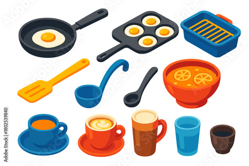 Vibrant Kitchen Icons. Isometric vector illustration set Kitchen and Dining Elements: frying skillet, egg poacher, grill tray,