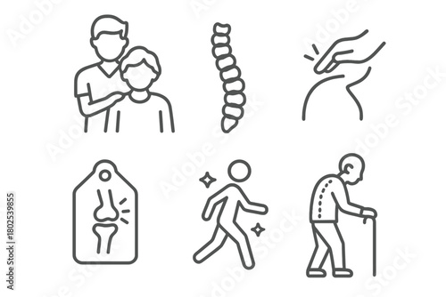 Chiropractic Care Icons. Line style icons of chiropractic care: senior chiropractic care, elderly spine icon, gentle adjustment
