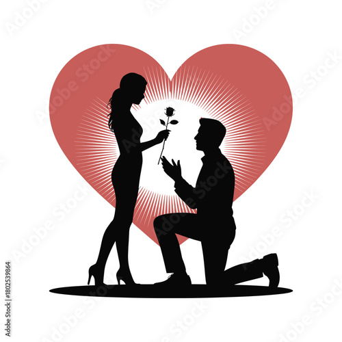 Man proposing to woman with rose in front of heart