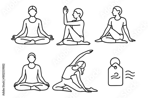 Ayurvedic Yoga Icons. Line style icons of Ayurveda: Ayurvedic yoga, Dosha-specific yoga pose, grounding posture for Vata, cooling