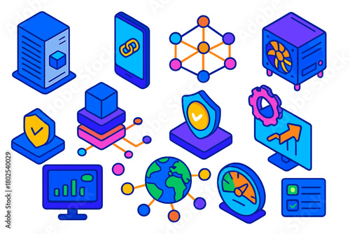 Blockchain Node Icons. Isometric vector illustration set Blockchain Nodes: full node server, light node device, mining node,