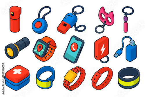 Personal Safety Tools. Isometric vector illustration set Personal Safety Tools: pepper spray, personal alarm, whistle,
