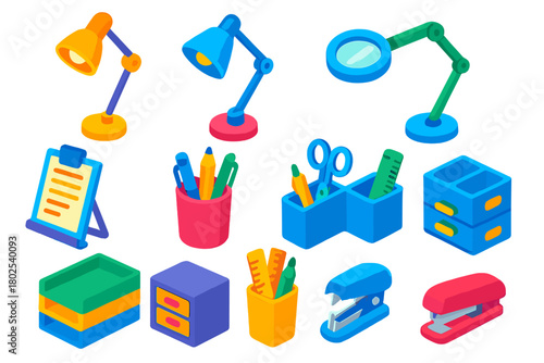Colorful Stationery Icons. Isometric vector illustration set Stationery: desktop lamp, drafting lamp, magnifying desk lamp,