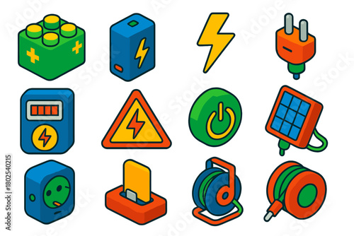 Energy Icons Collection. Isometric vector illustration set Energy and Sustainability: battery pack, portable power bank, lightning