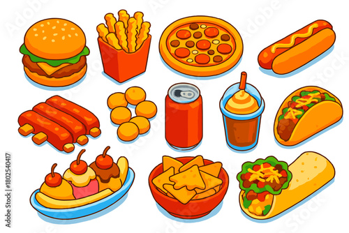 Fast Food Icons. Isometric vector illustration set Fast Food Items: chicken burger, crinkle-cut fries, meat lover’s pizza, hot dog