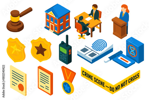 Justice Icons Collection. Isometric vector illustration set Law and Justice: judge’s hammer, legal podium, law firm building,