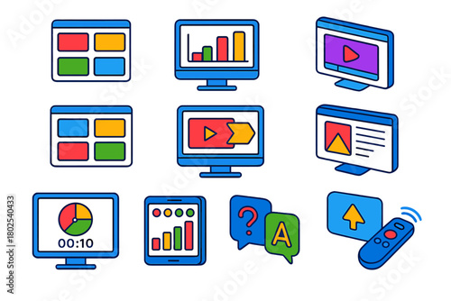 Business Presentation Tools. Isometric vector illustration set Business Presentation Tools: slide deck preview, chart on slide,
