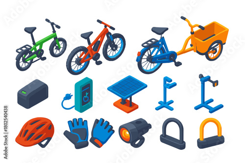 Electric Bike Icons. Isometric vector illustration set electric bicycle: folding e-bike, mountain e-bike, city e-bike, cargo
