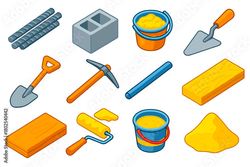 Construction Tools Isometric. Isometric vector illustration set Construction: rebar, concrete block, mortar bucket, trowel, shovel