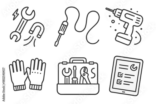 Zero-Gravity Repair Tools. Line style icons of Tools for Repairs in Zero-Gravity: magnetic wrench, tethered screwdriver, floating