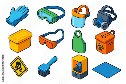 Resin Printing Safety Icons. Isometric vector illustration set Resin Printing Safety: resin safety gloves, goggles, face shield,