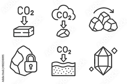 Carbon Capture Icons. Line style icons of carbon capture: mineralization process, CO2 to stone icon, rock formation transformation