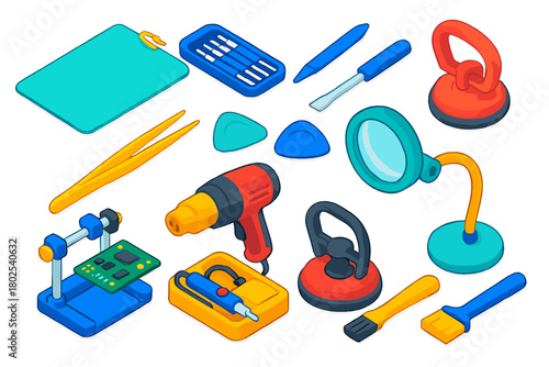 Tech Repair Toolkit. Isometric vector illustration set Tech Repair Tools: anti-static mat, precision screwdriver set, spudger tool