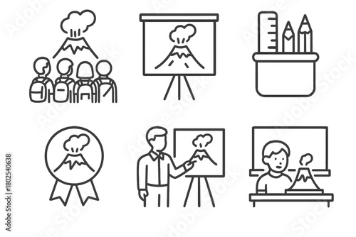 Volcano Education Icons. Line style icons of volcanology: student field trip, volcano education icon, school kit, youth science