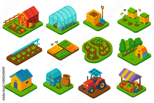 Sustainable Agriculture Icons. Isometric vector illustration set Sustainable Agriculture: organic farm, greenhouse, irrigation