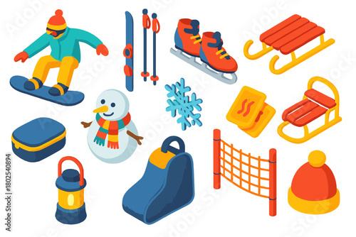 Winter Sports Icons. Isometric vector illustration set winter sports and fun: freestyle snowboard, backcountry skis, racing skates