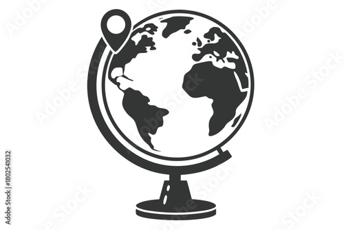 Black globe with continents on stand displays location pin over North America