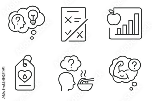 Keto Diet Icons. Line style icons of ketogenic diet: keto myths and facts, myth vs truth icon, sugar in fruit chart, keto and