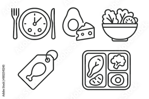 Intermittent Fasting Icons. Line style icons of intermittent fasting: eating window meals, high-fat plate icon, low-carb salad