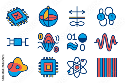 Quantum Computing Icons. Isometric vector illustration set Quantum Computing Basics: quantum chip, qubit sphere (Bloch sphere),