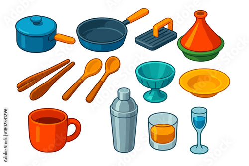 Collection of kitchen utensils and dishes, including a wine glass, a cup