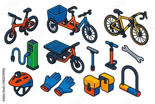 Electric Bicycle Icons. Isometric vector illustration set electric bicycle: sleek folding commuter e-bike, cargo trike with