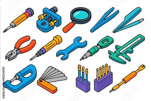 Isometric Tool Icons. Isometric vector illustration set Tools: precision screwdriver, watch repair tool, magnifying glass,