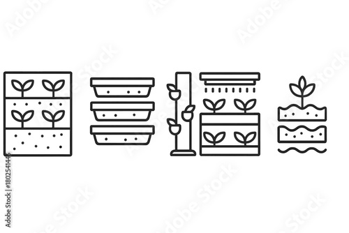 Hydroponics Line Icons. Line style icons of hydroponics: vertical farming, stacked grow trays, vertical pipe tower, multilevel