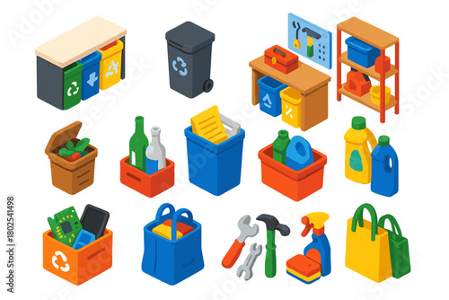 Household Recycling Illustrated. Isometric vector illustration set Household Recycling: kitchen recycling bins, bathroom recycling