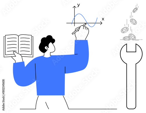 Open book, person drawing graph, coins dropping near wrench representing financial analysis, education, growth, and problem-solving. Ideal for education, innovation, finance productivity