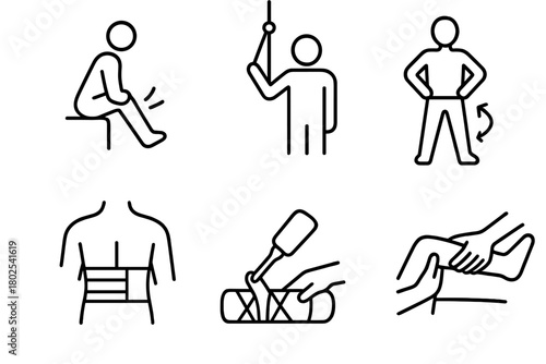 Orthopedic Therapy Icons. Line style icons of orthopedic physiotherapy: knee flexion, shoulder pulley, hip rotation, spine support