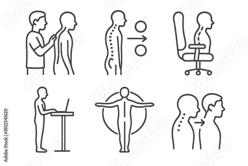 Chiropractic Care Icons. Line style icons of chiropractic care: posture correction, slouched to upright spine, ergonomic chair