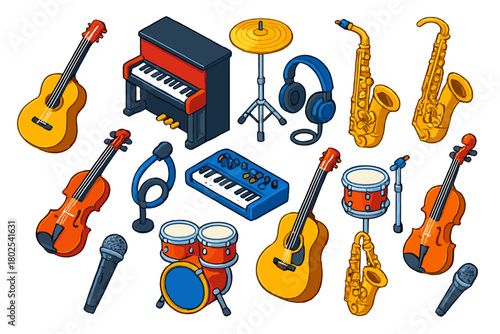 Colorful Music Instruments Icons. Isometric vector illustration set music instruments: cutaway flamenco guitar, upright stage