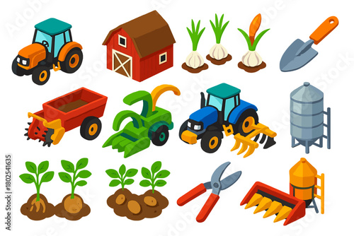 Agriculture Icons Set. Isometric vector illustration set agriculture: compact orchard tractor, rustic barn, garlic plants, trowel,