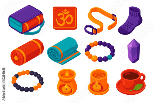 Yoga Essentials Icons. Isometric vector illustration set Yoga and Mindfulness Essentials: travel yoga kit, OM symbol embroidery,
