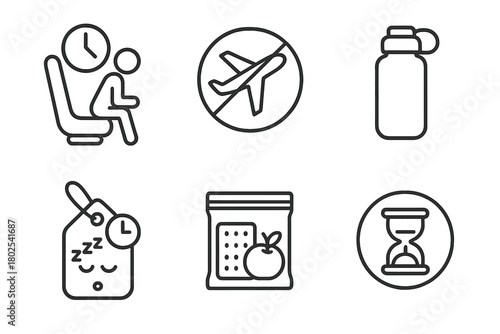 Intermittent Fasting Icons. Line style icons of intermittent fasting: fasting during travel, airplane meal-free icon, travel water