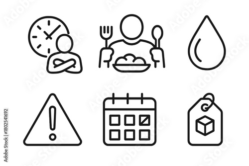 Intermittent Fasting Icons. Line style icons of intermittent fasting: common mistakes, overeating icon, dehydration symbol, low