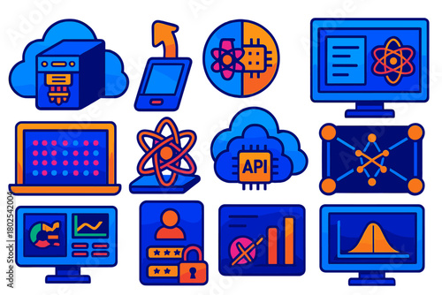 Quantum Cloud Computing. Isometric vector illustration set Quantum Cloud Computing: quantum computer in cloud, remote access panel
