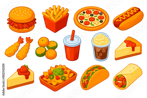 Bold Fast Food Icons. Isometric vector illustration set Fast Food Items: pulled pork burger, garlic fries, supreme pizza, chili
