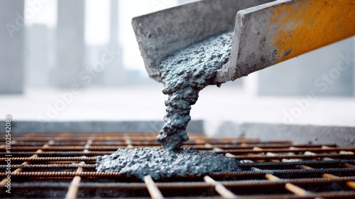 Fototapeta Naklejka Na Ścianę i Meble -  A cement mixer is pouring concrete into a grate. The concrete is wet and gray, and it is pouring out of the mixer. Concept of construction and progress