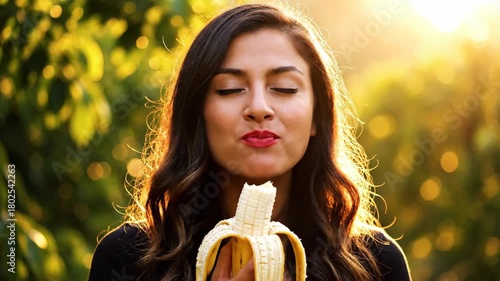 Woman eating banana outdoors at sunset, happy expression, golden hour light